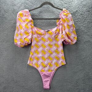 Zara Women's Small Multicolor Bodysuit Puffy Sleeves Geometric Pattern Fun Beach